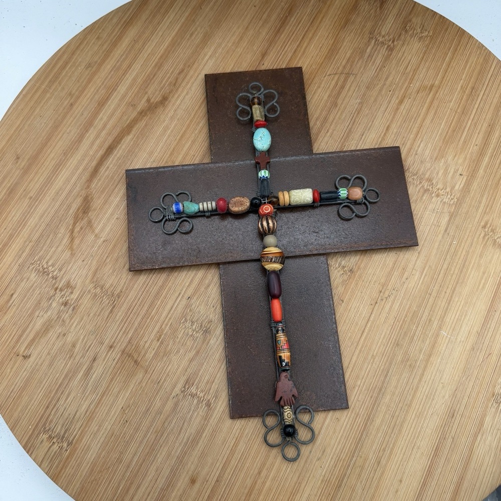 Wall Art Decor Brass Christian Cross Large Beaded Religious Folk Art Heavy